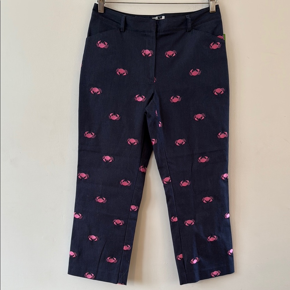 NWT Lilly Pulitzer Megan Stretch Pants Pink Blue Crabs Cropped Preppy Size 4